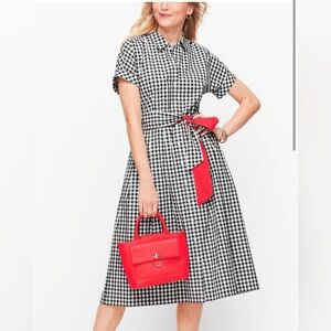Black & White Gingham Shirt Dress with Red Sash